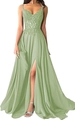 Sage green evening dress with sequin bodice, thin straps, and high leg slit detail - L (US 12) / Matcha Green