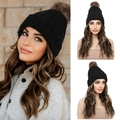 Black beanie with brown faux fur pom and long wavy brown highlights hair extensions - 20 Inch Black Brown Mixed Gold