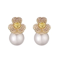Elegant gold flower earrings with pink crystal petals, yellow center and white pearls - Gold Pink Zirconia
