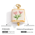 Square ceramic floral pendant in pink with gold stainless steel finish for DIY jewelry - Square Pink Flower Ceramic Pendant (PJ92426)