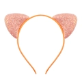 Close-up of pink glitter cat ears on an orange thin headband for kids and girls - Orange