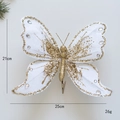 White fabric Christmas butterfly ornament with gold glitter wings and 25cm metal clip - White