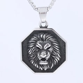 Men's silver stainless steel octagon necklace featuring a detailed 3D lion head pendant - Vintage Silver Octagonal Lion Head (With 60cm Chain) (D0411)