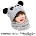 Ensemble bonnet écharpe panda épais en peluche pour enfant gris clair pour l'hiver - Gris