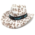 Cappello da cowboy in peluche leopardato con fascia ricamata e stemma toro in metallo - M(56-58cm) / Corona a Cuore Bianca