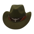 Detail of dark green felt cowboy hat featuring brown leather band and silver bull head badge - Army Green (With Bull Head)