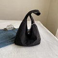 Chic black pleated fabric tote bag with a minimalist shoulder strap for daily casual use - No Pendant / Black