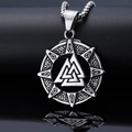 Collana con pendente Valknut vichingo in acciaio inossidabile argento con rune nordiche - Ciondolo (Senza Catena) (C0207)