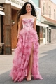 Pink floral strapless gown with corset bodice and ruffled layered skirt with slit - S / Pink