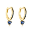Detail of gold-plated hoop earrings with blue heart-shaped crystal and zircon stones - Blue