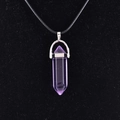 Hexagonal amethyst crystal pendant necklace with silver clasp and black cord - Synthetic Light Purple Glass
