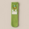 Thick coral fleece socks for girls featuring a green cartoon face and 3D plush hands - Green