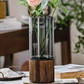 Nordic glass vase with wood base featuring pink roses on a table for home decor - Smooth Smoke Grey With Wood Base
