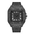 Montre à quartz carrée noire de luxe avec pavé de cristaux et chiffres romains - Noir