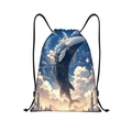 Detailed close-up of blue whale print on durable oxford drawstring backpack - Starry Sky Blue Whale City Style (jiayingskd38)