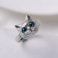 Vintage 3D Katzenkopf Ring aus Silber mit blauen Augen und feiner Fellstruktur - Einstellbar Offen / J1062 Katze