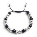 Verstellbares Edelstahl-Perlenarmband mit schwarzen Onyxperlen für Damen und Herren - Silber Schwarz 8mm