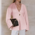 Elegant pink long sleeve V-neck top with single button detail for women - S / Pink