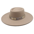 Detail of wool felt fedora hat featuring a bohemian woven band with geometric patterns - M (56-58cm) / Light Purple Grey