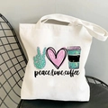 Beige Peace Love Coffee canvas tote bag with hand-drawn colorful graffiti graphics - Colorful Graffiti Pattern Style (B100302-TBWH-M)