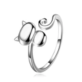 Adjustable silver cat open ring with feline head and curved tail design - Cat No.5