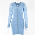 Blue V-neck mesh mini dress with long sleeves and front zipper on white background - S / Sky Blue