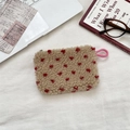 Plush heart pattern storage pouch in beige fleece with pink strap and zip closure - Lamb Wool Heart Rice Red
