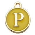 Yellow enamel round letter P pendant charm with golden finish for DIY jewelry - Letter P Style / 1 Piece (12x14mm) / Yellow