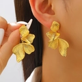 Fashionable gold layered petal stud earrings with brushed vintage metal texture - Three-layer Brushed Petal Shape (10328) / Gold