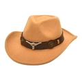 Detail of camel wool western hat with brown leather band and silver bull head metal buckle - M (56-58cm) / Camel