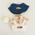 Puppenkleidungsset mit blauem Denim-Hut und kariertem Hemd für 17cm Plüschfiguren - Blauer Hut, Braunes Karohemd, Einteiler & Blume 4-teiliges Set / Passend für 17cm Puppen