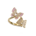 Gold open ring featuring pink enamel butterflies with micro-paved white cubic zirconia - Adjustable Open / Pink