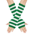 Detail showing green and white striped knit fingerless arm warmers on model hands - One Size / Green & White Stripes