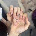 Elegant gradient pink almond press-on nails with square rhinestone accent on ring finger - By1619 Zhangtai Yangliu / Glue Type