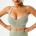 Sage green ribbed sports bra with V-neck and thin straps for fitness yoga wear - S / Light Green