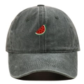 Close-up of watermelon embroidery on washed cotton grey vintage baseball cap detail - One Size / Army Green
