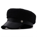 Detail view of black octagonal newsboy hat showing knit crown and PU leather brim - M (56-58cm) / Black