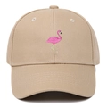 Khaki cotton baseball cap featuring detailed pink flamingo embroidery on the front - Dark Khaki