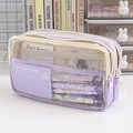 Three-layer purple pencil case with clear mesh design and large capacity storage - 3-Layer Large Capacity - No Clip / Purple