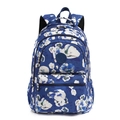Blue floral oxford cloth backpack with large white flowers and multiple zip pockets - Blue Cotton Flower