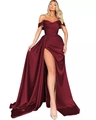 Macro detail of wine red satin evening gown with high slit and off-shoulder neckline - S / Dress (9427) / Burgundy