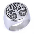 Macro detail of silver tree of life engraving on a stainless steel signet ring for men - Size 7 / Vintage Tree of Life Style (09108)