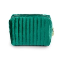 Green velvet makeup bag with vertical quilted stripes and metallic zipper closure - Small-Green