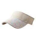 Beige open top sun hat for women featuring iridescent rhinestones on the brim - Beige + White AB Rhinestones