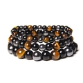 Set of 3 natural tiger eye, hematite, and black obsidian beaded stretch bracelets - 6mm-19cm Elastic Style