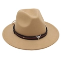 Close-up of khaki wool fedora featuring a silver bull head metal buckle on a leather band - Camel