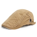Men's dark khaki cotton flat cap with white stitching and adjustable metal buckle - Khaki