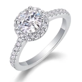 Silver 925 moissanite halo ring with round center stone and pavé set band - US 7 / Pave Halo Round Style (R13159)