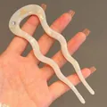 U-shaped hair pin in cream acetate with marble texture and rhinestone accent - Wavy Iridescent Rhinestone / Mermaid White U-Shaped Hair Stick With Rhinestone