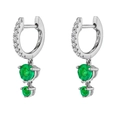 14K gold hoop earrings featuring double green cubic zirconia drops on white metal - Silver with Green Gemstone Huggie